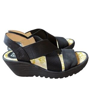Fly London YAJI888FLY Cupido Black Wedge Sandals Size 7.6 EU 38
